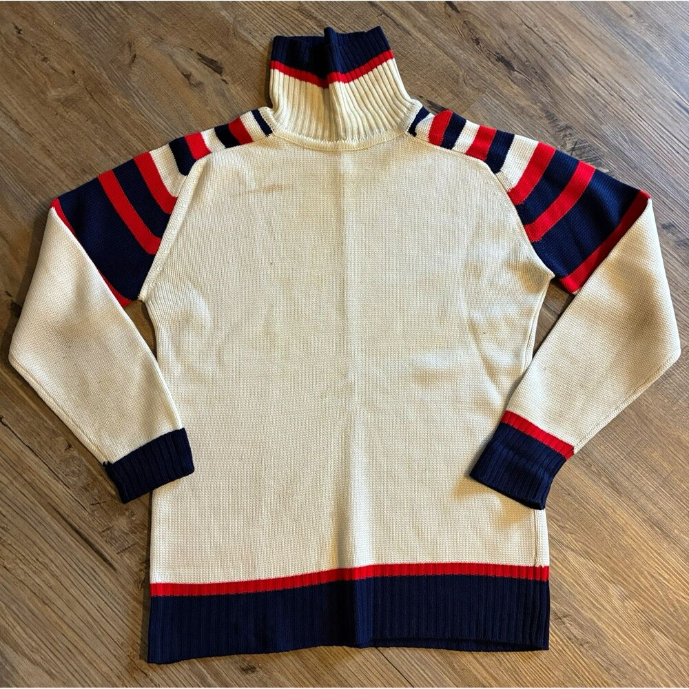 Brad Whitney Men's M Wool Knit Turtleneck Pullover Sweater Ivory Red Navy
